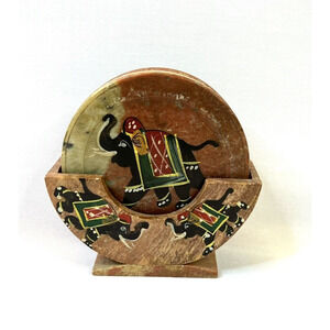 Royal Set of 6 Hand Carved Marble Bar Coaster with Hand-painted Elephant Design